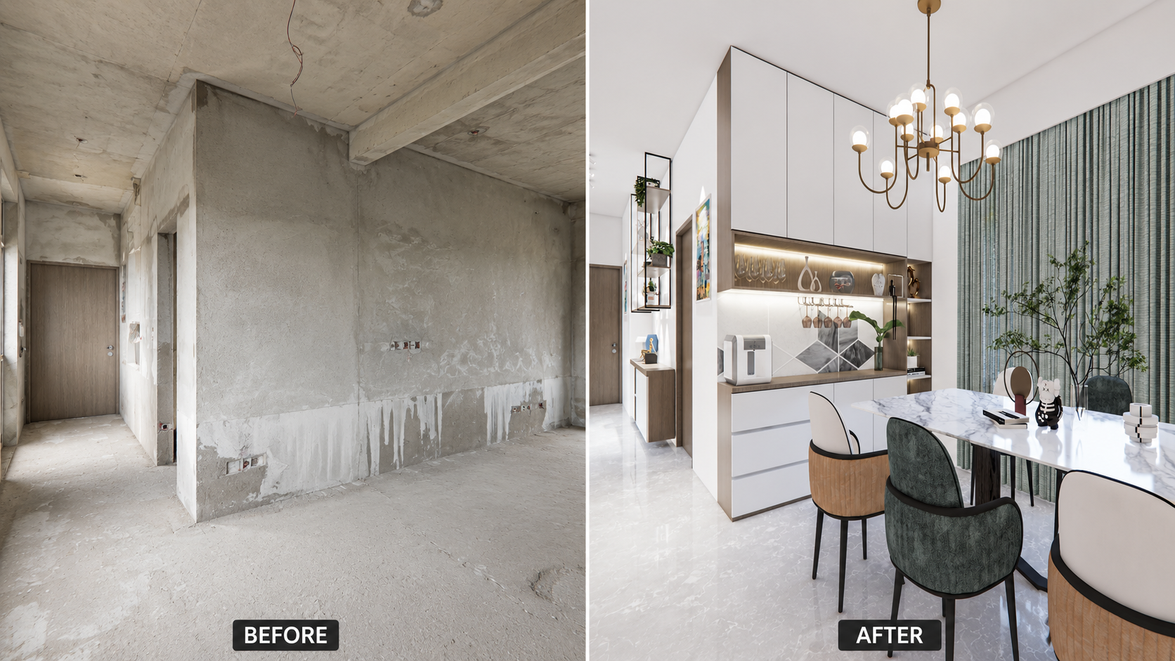 Empty room transformed through 3D interior design planning